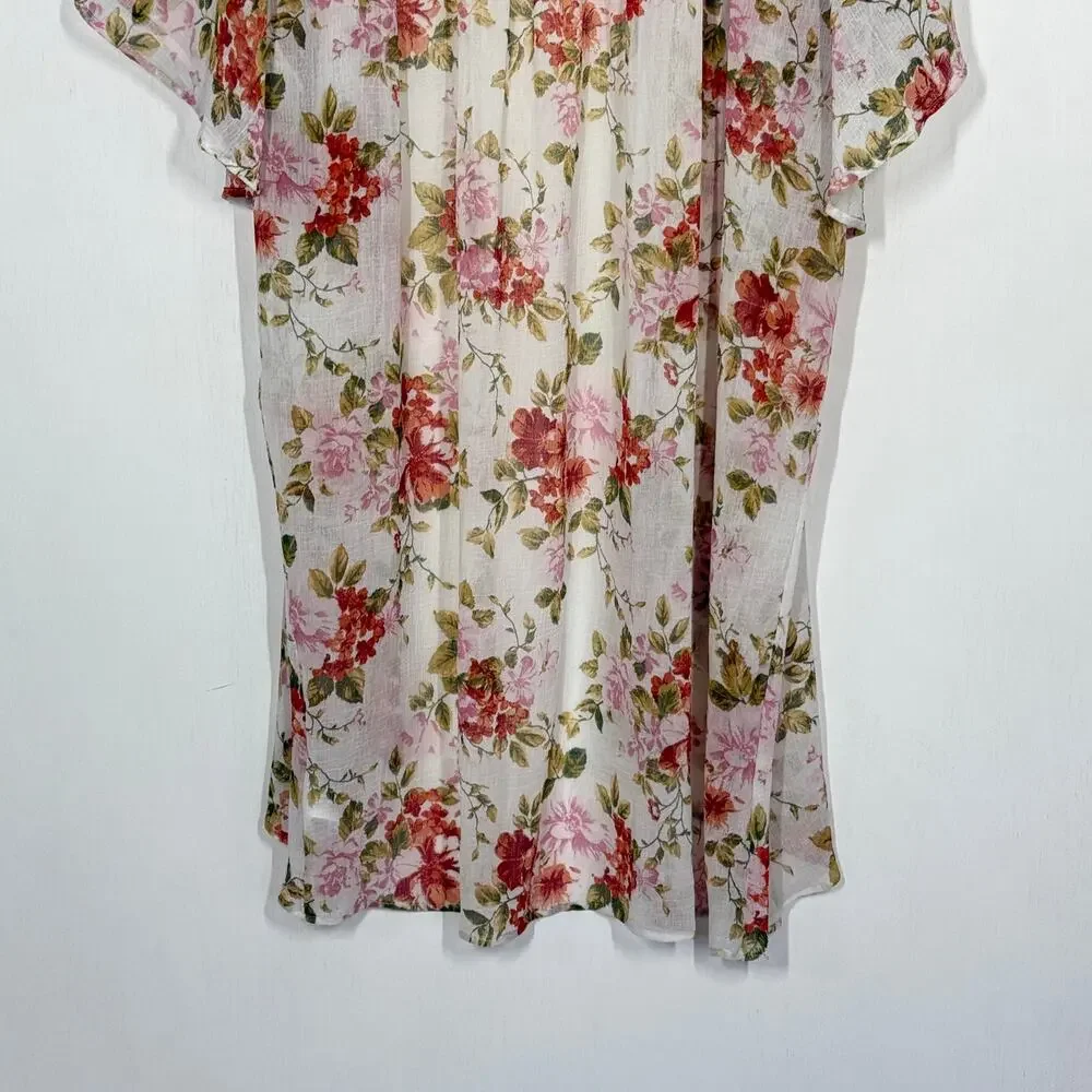 American Eagle Kimono Duster Womens L/XL White Floral Open Front Sheer Pleated - Picture 6 of 8